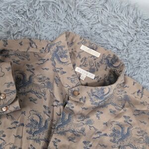 Elliott Dragon Print Shirt Mens XXL Tan Blue Excellent Band Collar Button Down